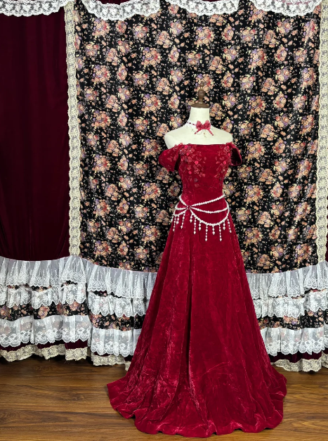Off The Shoulder Burgundy Prom Party Dress Velvet Evening Dress - VelvetHem