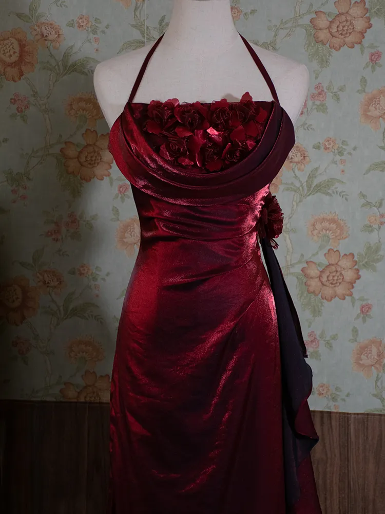 Vintage Burgundy Floral Long Prom Dress Halter Party Evening Gown - View 2 | VelvetHem