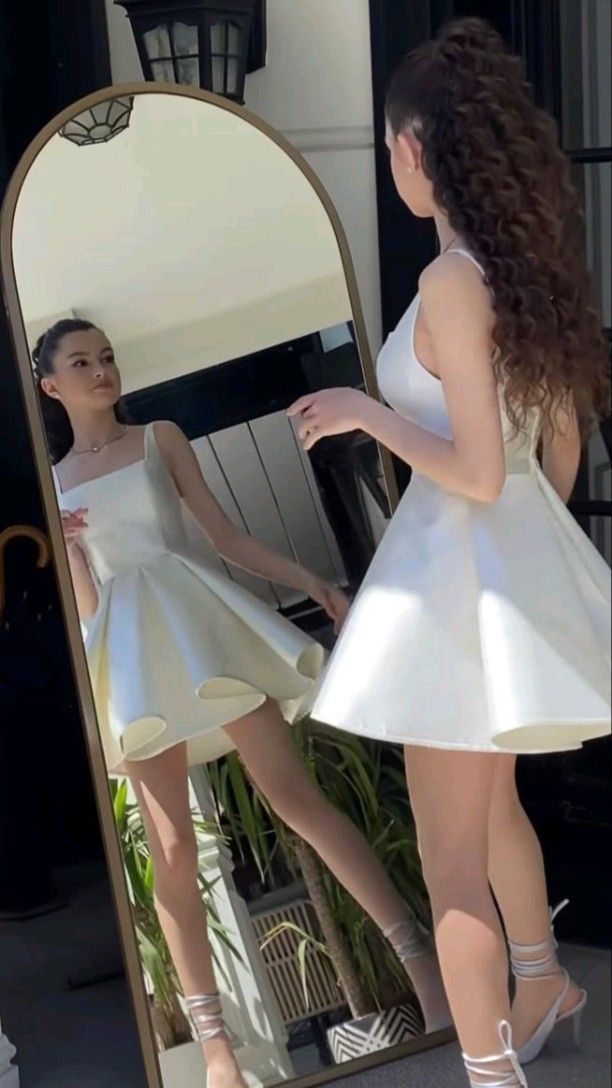 Elegant A Line Straps Ivory Satin Short Homecoming Dress Birthday Dress Y7658 - VelvetHem