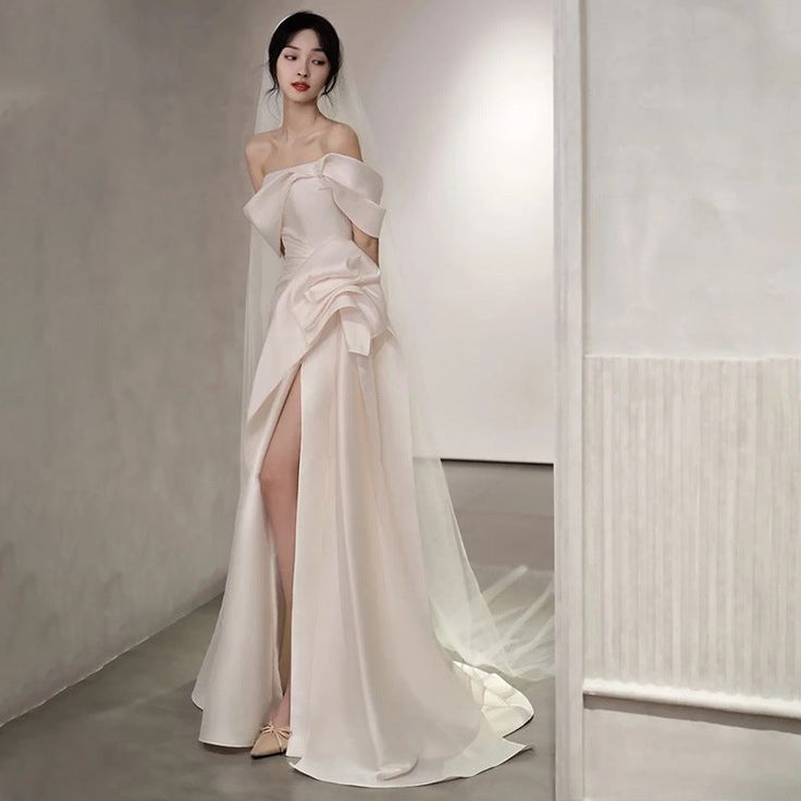 Vintage Off Shoulder Satin Wedding Dress White Mermaid Long Prom Dress with Slit - View 2 | VelvetHem