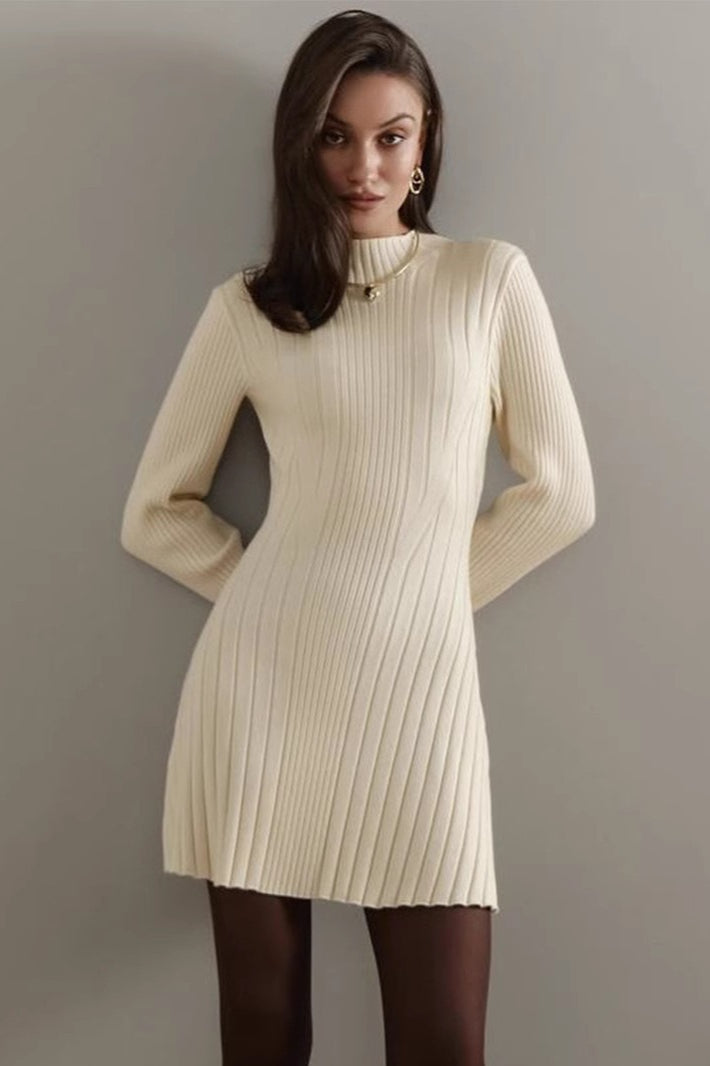 Elegant Playful Mock Neck Long Sleeve A-Line Mini Knit Sweater Dress - View 6 | VelvetHem