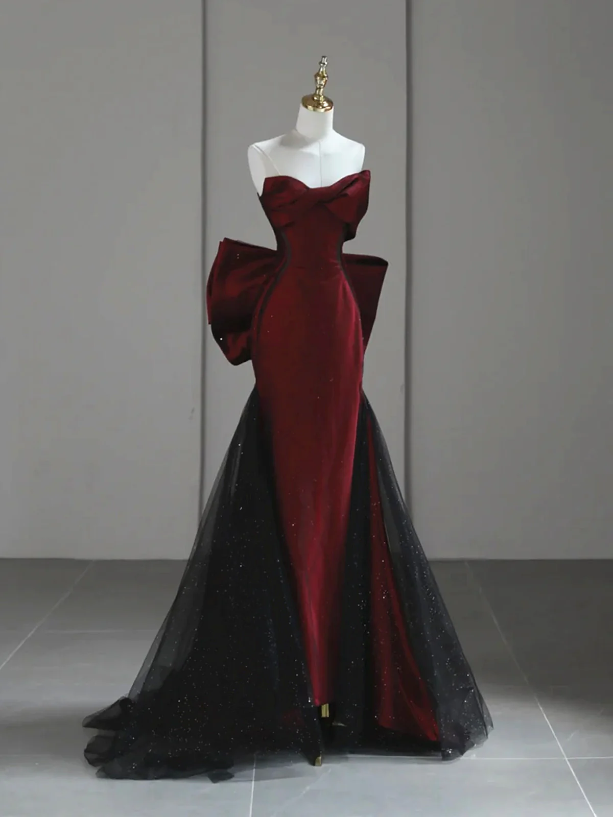Black and Red Strapless Long Prom Dress, Elegant Evening Formal Gown with Bow - VelvetHem