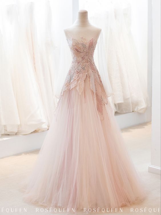 Pink StraplessTulle Ball Gown Beaded Shiny Prom Dress Pink Sweet 16 Dress