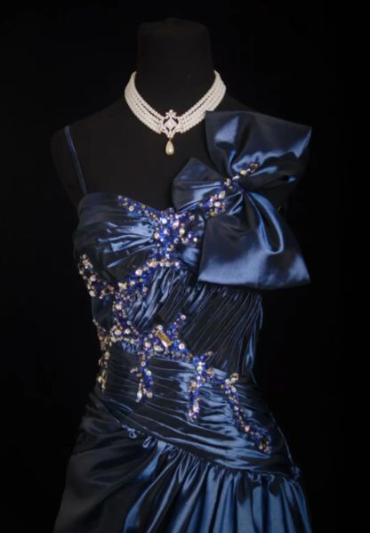Chic A Line Spaghetti Straps Navy Satin Beaded Long Prom Dress, Evening Dress - View 3 | VelvetHem