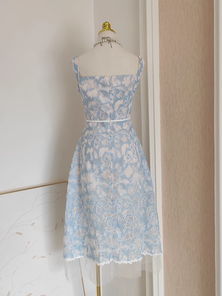 Simple A line Straps Sleeveless Blue Lace Party Dress Holiday Birthday Dresses For Women - View 2 | VelvetHem