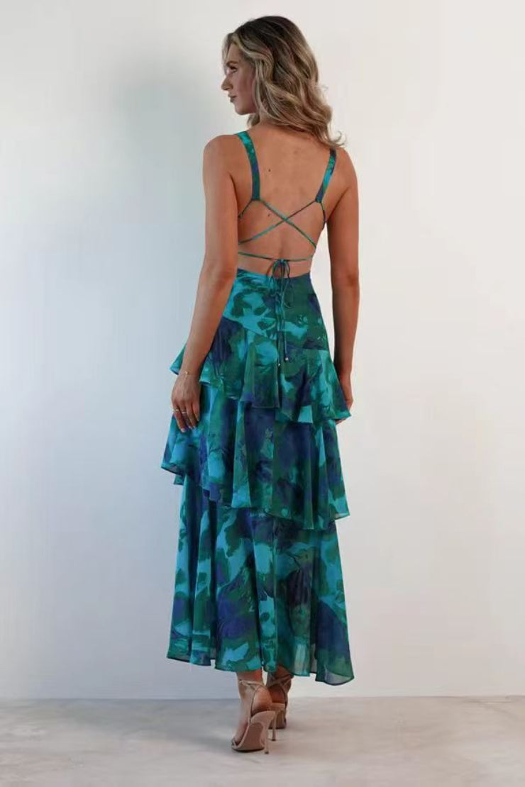 Chiffon Halter Slim Ruffle Maxi Floral Dress