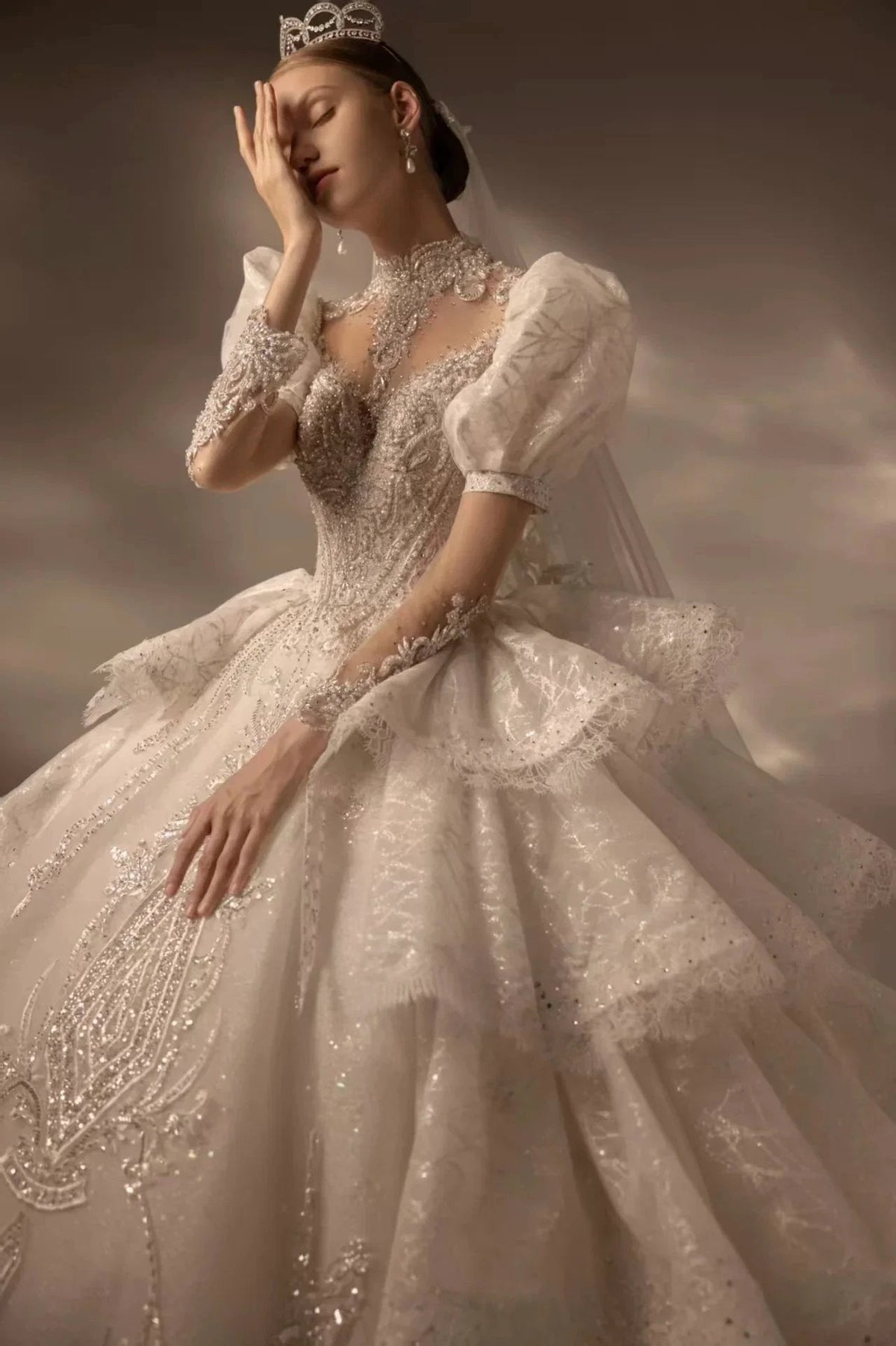 Regal High Neck Puff Sleeve Tulle Wedding Dress with Sequin Embroidery & Layered Ruffle Train (ZD16911)
