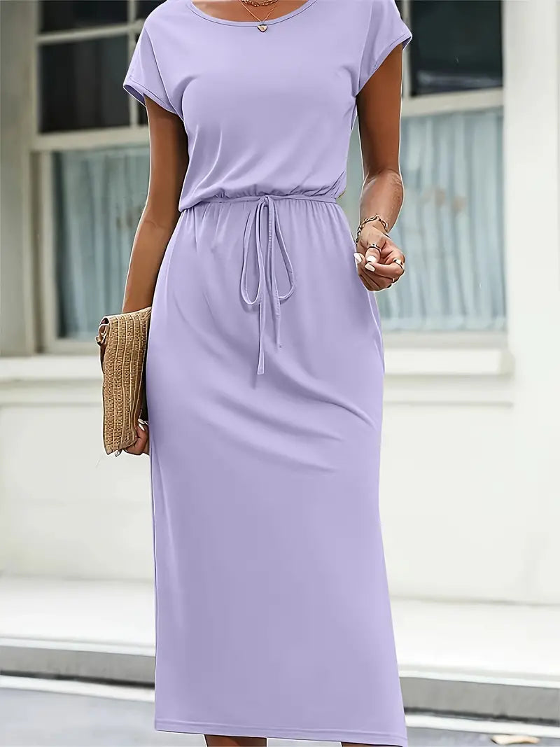 Hazel Luxe Casual Short Sleeved Round Neck Dress with Self Tie Belt Boutique Collection