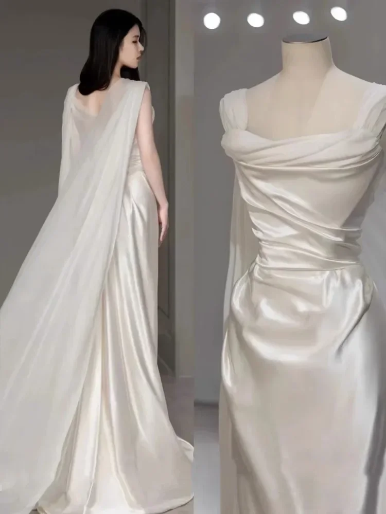 Beautiful Wedding Dress New Simple Two Wear Slim Satin White Prom Dress
