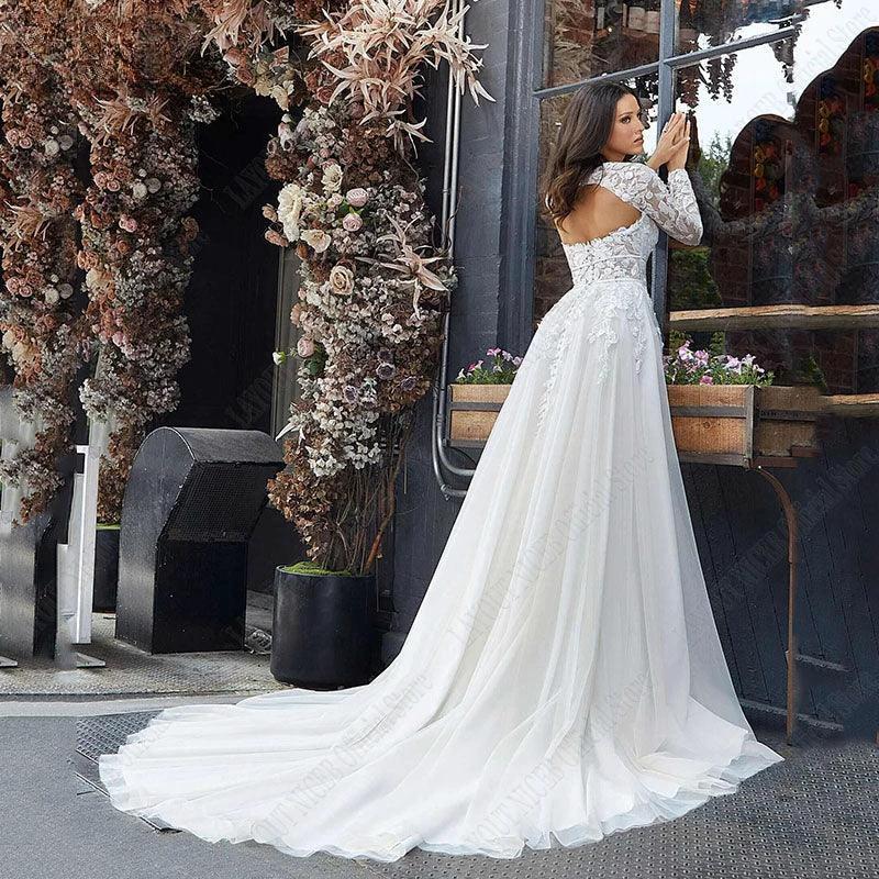 Wedding Dress A Line Removable Long Sleeve Bride Elegant Open Back Lace Bridal Gown Applique Tulle Vestido De Noiva (ZD13316)