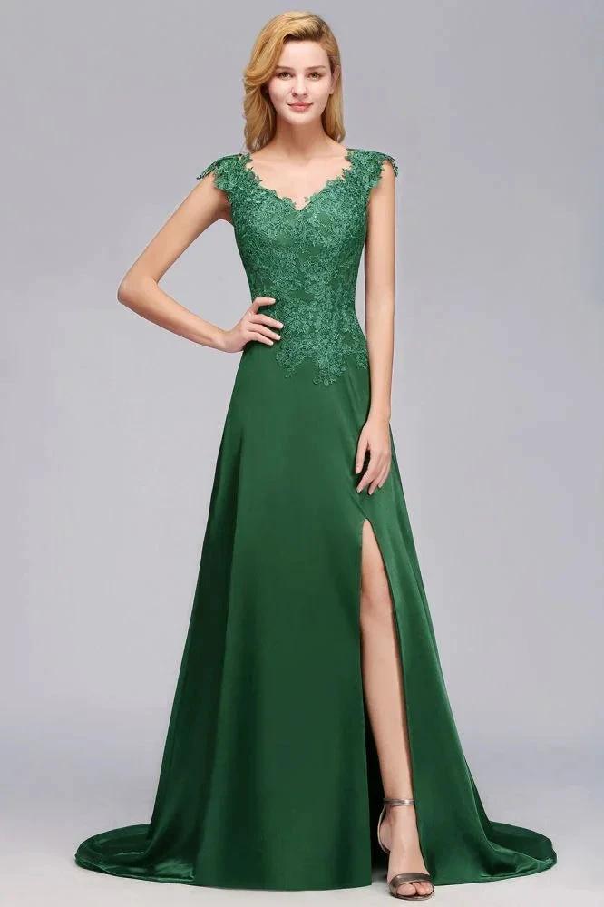 Cap Sleeve aline appliques Bridesmaid Dress Green Side Split Wedding Party Dress with Sweep Train by misshow.com
