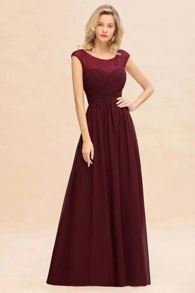 Cap Sleeve Burgundy Evening Maxi Gown Chiffon Floor Length Bridesmaid Dress (ZD12985) - VelvetHem
