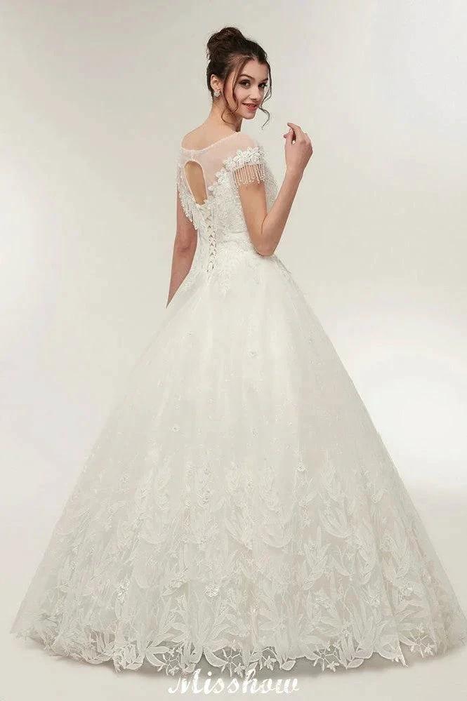 Cap Sleeves A-line Scoop Floor Length Lace Appliques Wedding Dresses (ZD13956)