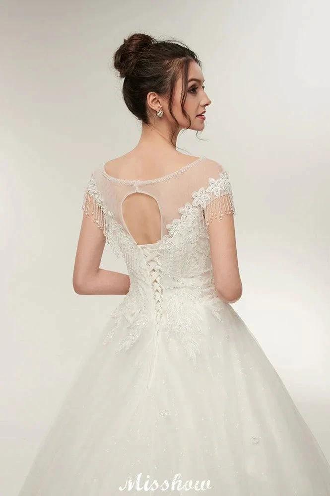 Cap Sleeves A-line Scoop Floor Length Lace Appliques Wedding Dresses (ZD13956)