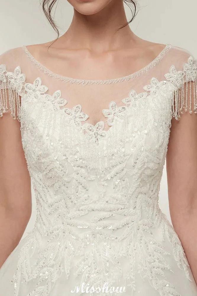 Cap Sleeves A-line Scoop Floor Length Lace Appliques Wedding Dresses (ZD13956)
