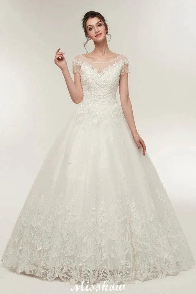 Cap Sleeves A-line Scoop Floor Length Lace Appliques Wedding Dresses (ZD13956) - VelvetHem