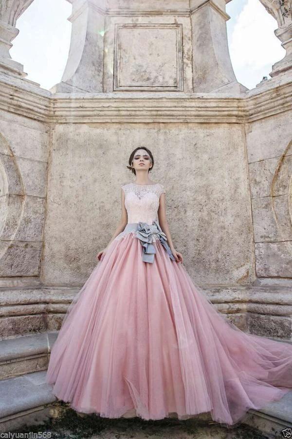 Cap Sleeves Ball-Gown Lace Bowknot Pink  Tulle Wedding Dresses (ZD15480)