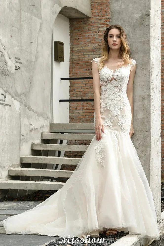 Cap Sleeves Lace Mermaid Wedding Dress White/Ivory Floral Garden Bridal Gown (ZD13965)