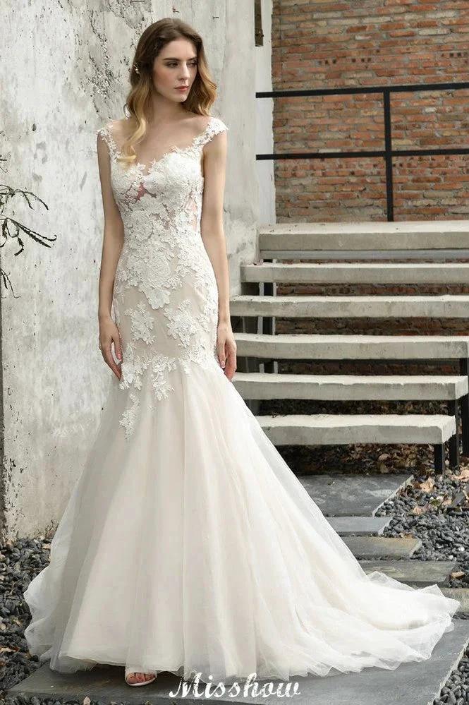 Cap Sleeves Lace Mermaid Wedding Dress White/Ivory Floral Garden Bridal Gown (ZD13965)