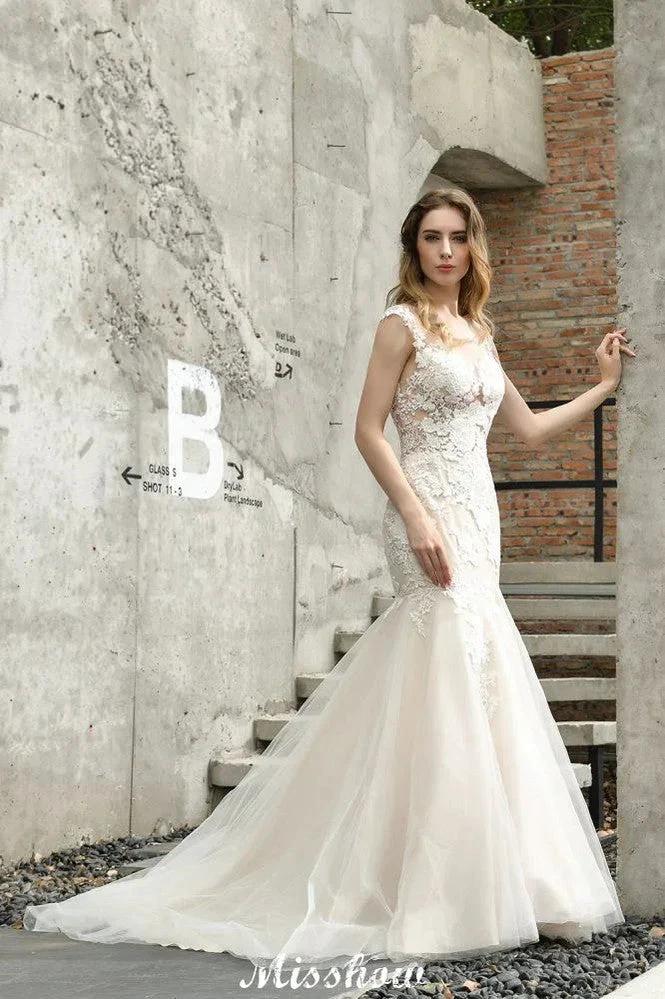 Cap Sleeves Lace Mermaid Wedding Dress White/Ivory Floral Garden Bridal Gown (ZD13965)