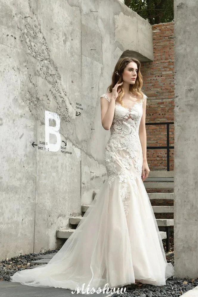 Cap Sleeves Lace Mermaid Wedding Dress White/Ivory Floral Garden Bridal Gown (ZD13965)
