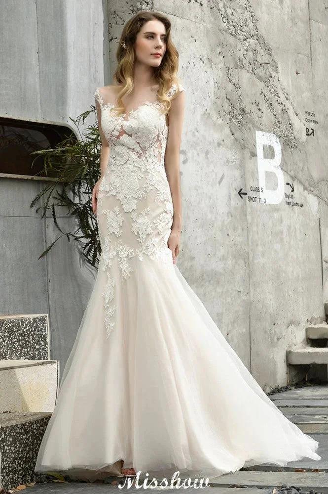 Cap Sleeves Lace Mermaid Wedding Dress White/Ivory Floral Garden Bridal Gown by misshow.com