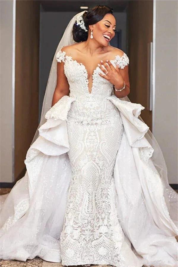 Cap Sleeves Mermaid Long Wedding Dress with Ruffles Overskirt (ZD13804) - VelvetHem