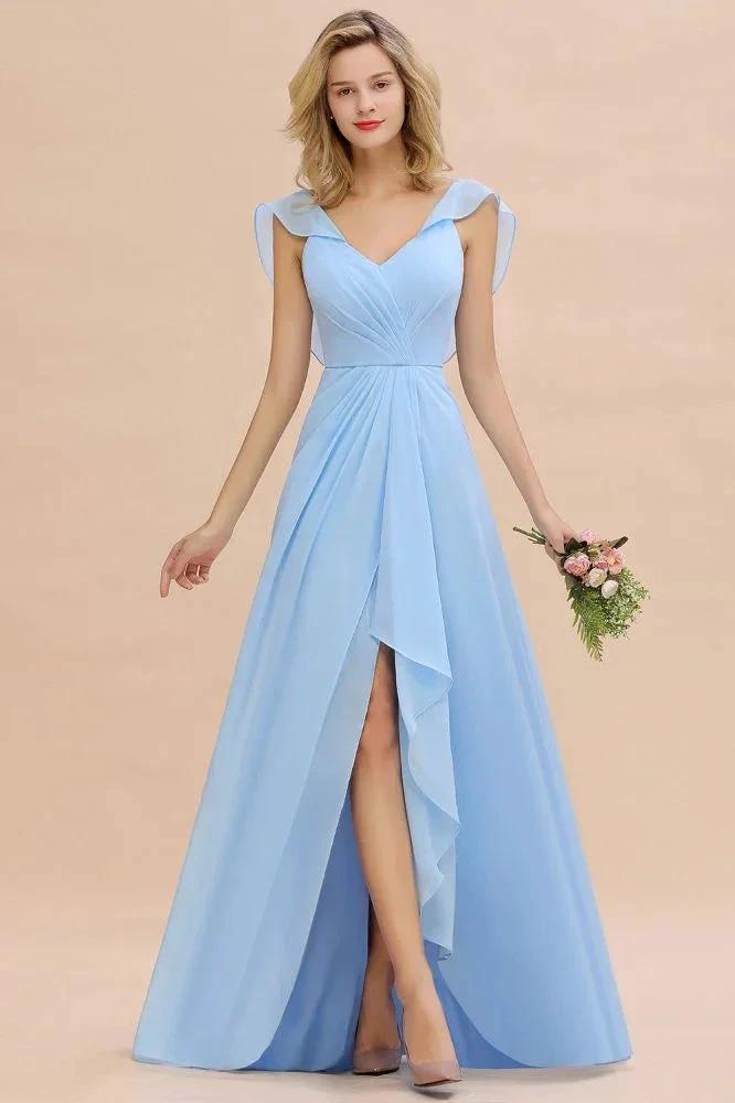 Cap Sleeves Ruffle Chiffon Hi-Lo Bridesmaid Dress A-line Wedding Party Dress by misshow.com