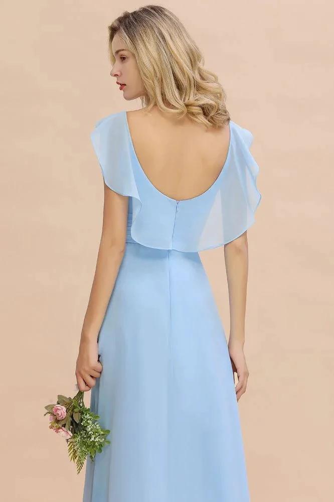 Cap Sleeves Ruffle Chiffon Hi-Lo Bridesmaid Dress A-line Wedding Party Dress (ZD13152)