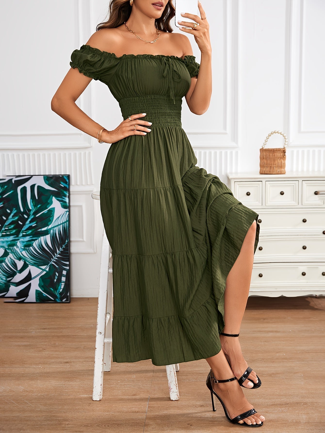Amparo Elegant A-line Maxi Dress with Off-shoulder and Smocking