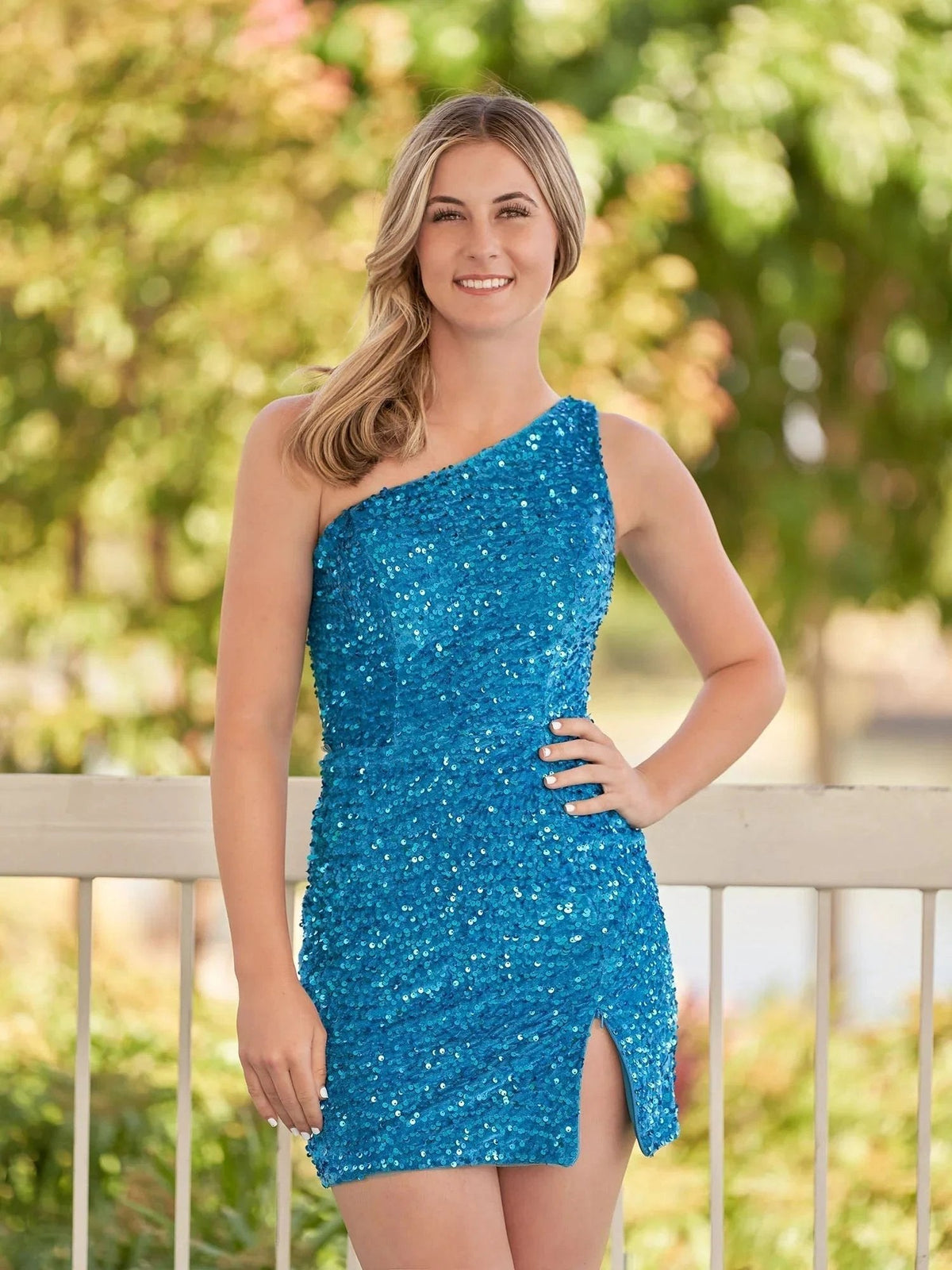 Sheath One Shoulder Blue Sequin Homecoming Dress With Slit by KissProm