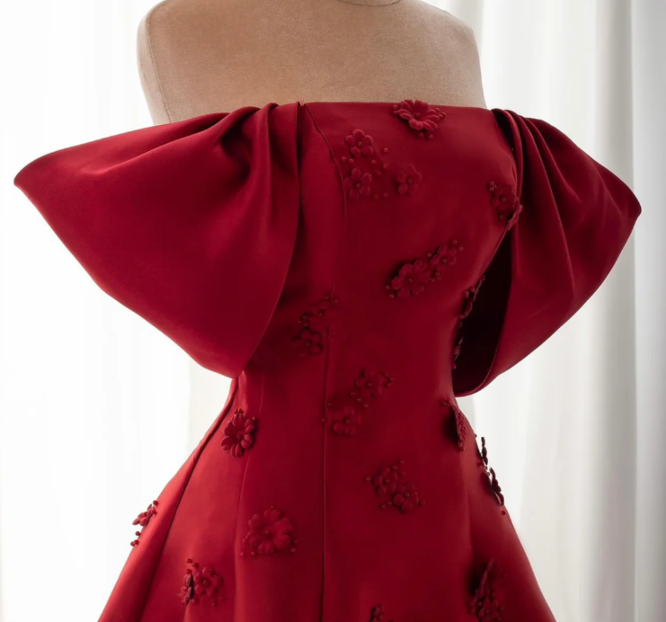 Burgundy Off The Shoulder Satin Appliques Evening Dress Classy Mermaid Party Dress