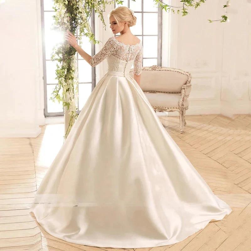 Elegant Lace Wedding Dresses For Women Half Sleevess Bride With Belt Bow Vestidos  De Novia Boda Suknia Ślubna Robe Mariée (ZD13364)