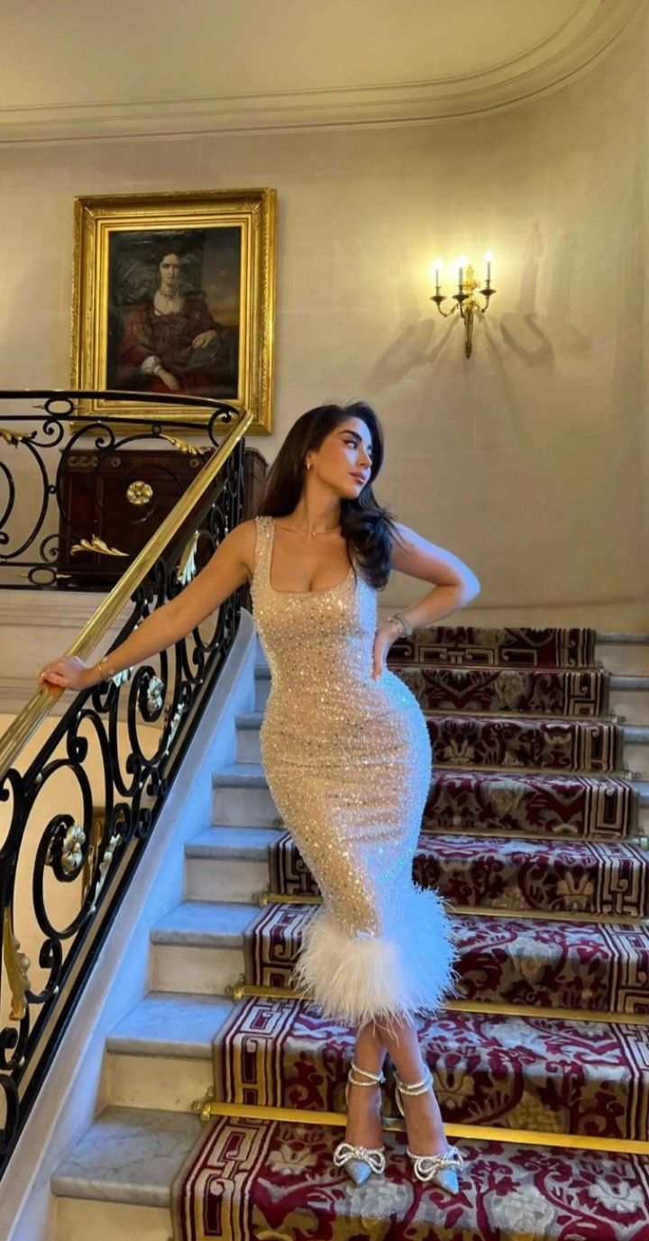 Sexy Sequins Sheath Evening Dress Formal Prom Party Dress With Feathers