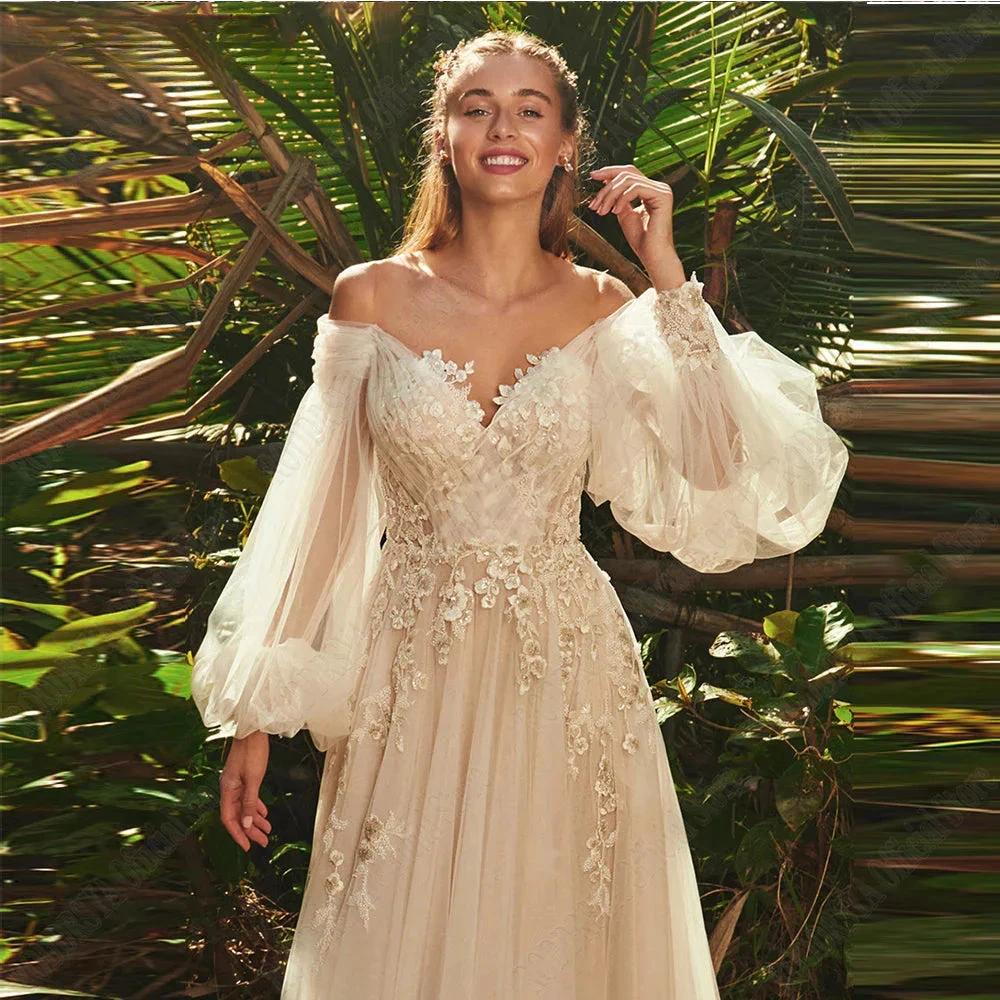 Light Champagne Wedding Dresses Pastrol Puff Long Sleeves 3D Flowers Bride Gowns A-Line Sexy Backless vestidos de novia (ZD13523)