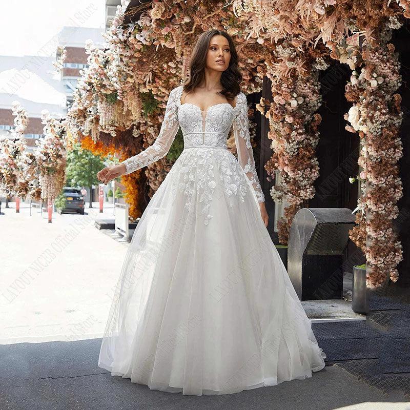 Wedding Dress A Line Removable Long Sleeve Bride Elegant Open Back Lace Bridal Gown Applique Tulle Vestido De Noiva by payinti