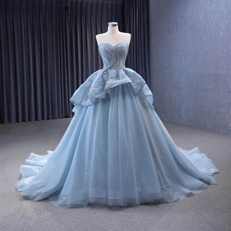 High-End Blue Beading Tulle Cascading Ruffles Prom Dress New Ball Gown - VelvetHem