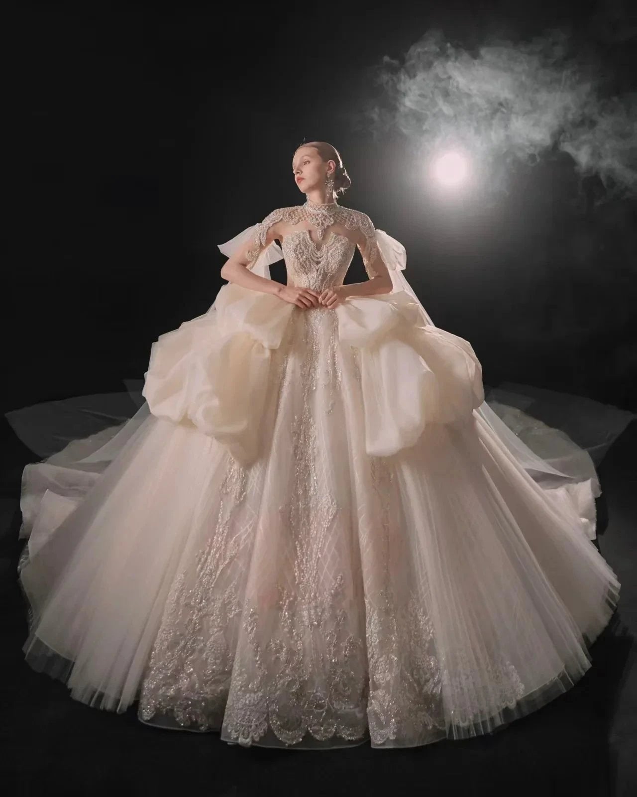 Opulent High-Neck Ball Gown Beaded Mesh Capelet Ruffled Skirt Wedding Dress with Sparkling Train (ZD16907)