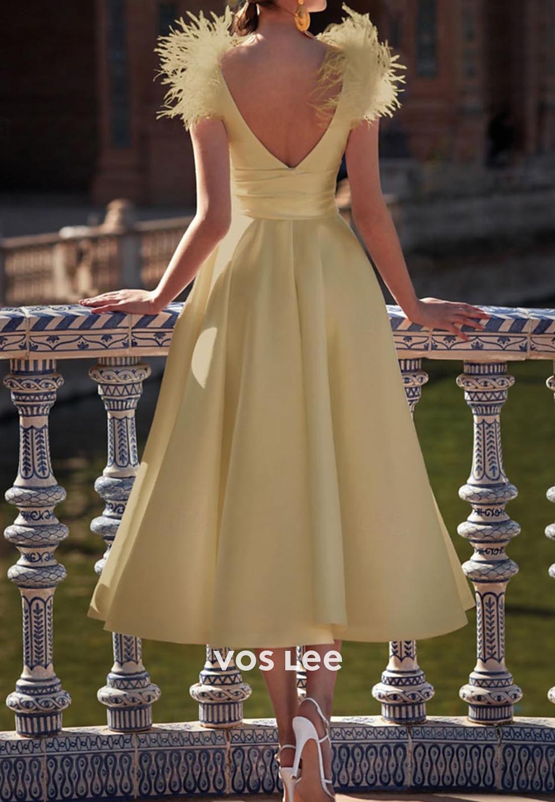A-Line Low V-Neck Pleated feather Sexy  Evening Dress Midi Dresses