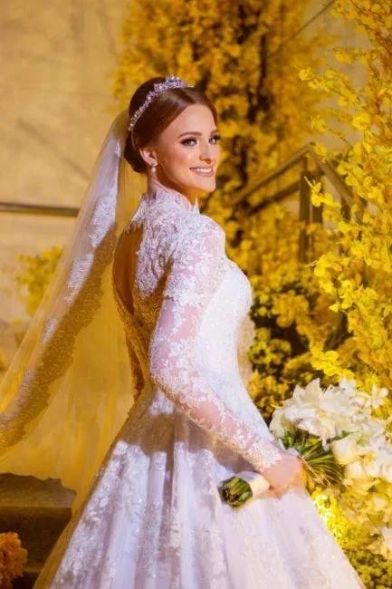 Charming A-Line Lace High Neck Long Sleeve White Wedding Dresses With Appliques (ZD16649)