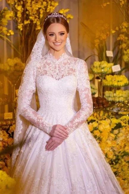 Charming A-Line Lace High Neck Long Sleeve White Wedding Dresses With Appliques (ZD16649)