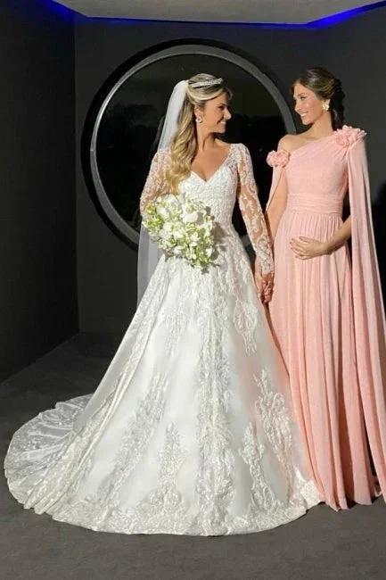 Charming A-Line Lace Sweetheart Long Sleeve White Wedding Dress With Appliques (ZD16639)