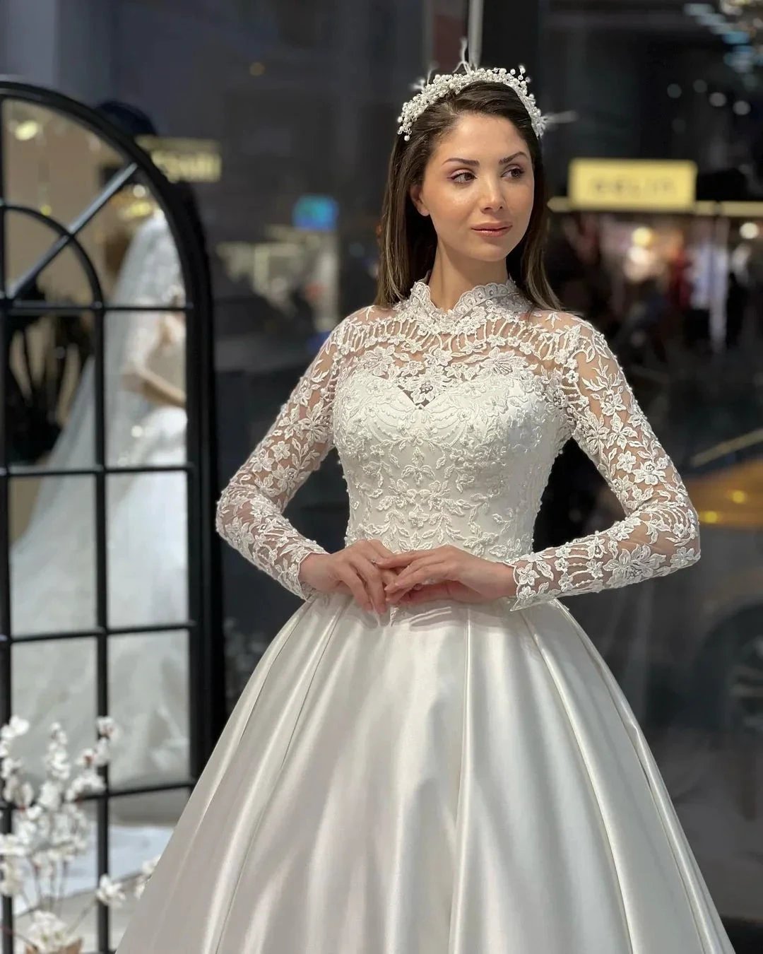 Charming Floor Length Crew Long Sleeves A-Line Satin Wedding Dress with Ruffles (ZD14796)