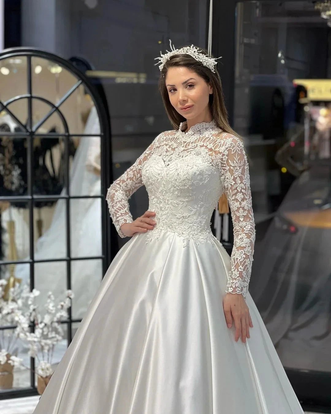 Charming Floor Length Crew Long Sleeves A-Line Satin Wedding Dress with Ruffles (ZD14796)