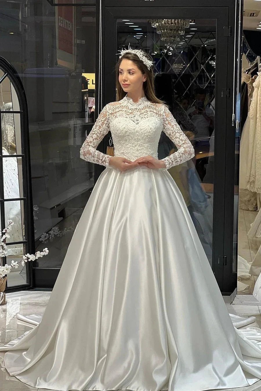 Charming Floor Length Crew Long Sleeves A-Line Satin Wedding Dress with Ruffles (ZD14796) - VelvetHem
