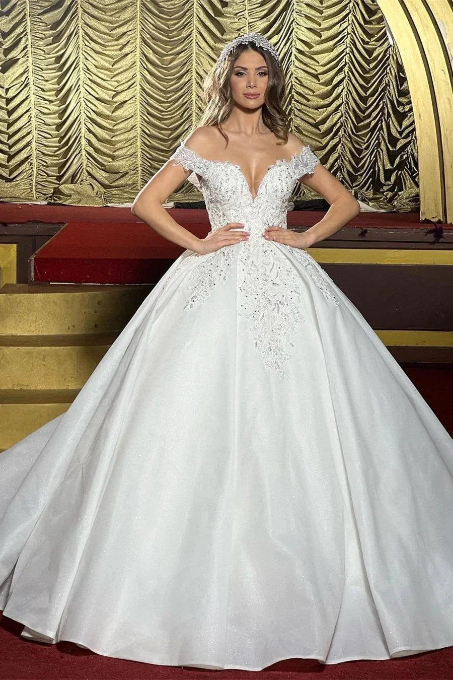 Charming Floor Length Off-The-Shoulder A Line Satin Wedding Dress with Ruffles (ZD14825) - VelvetHem