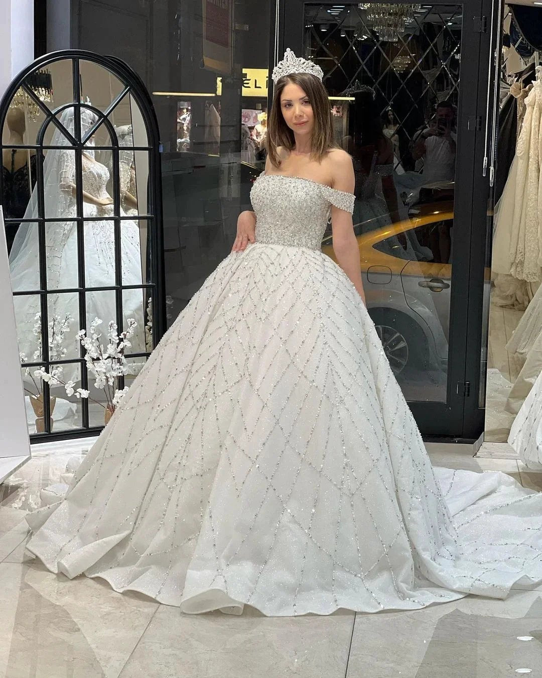 Charming Floor Length Off-The-Shoulder A-Line Sequined Wedding Dress with Court Train (ZD14793)