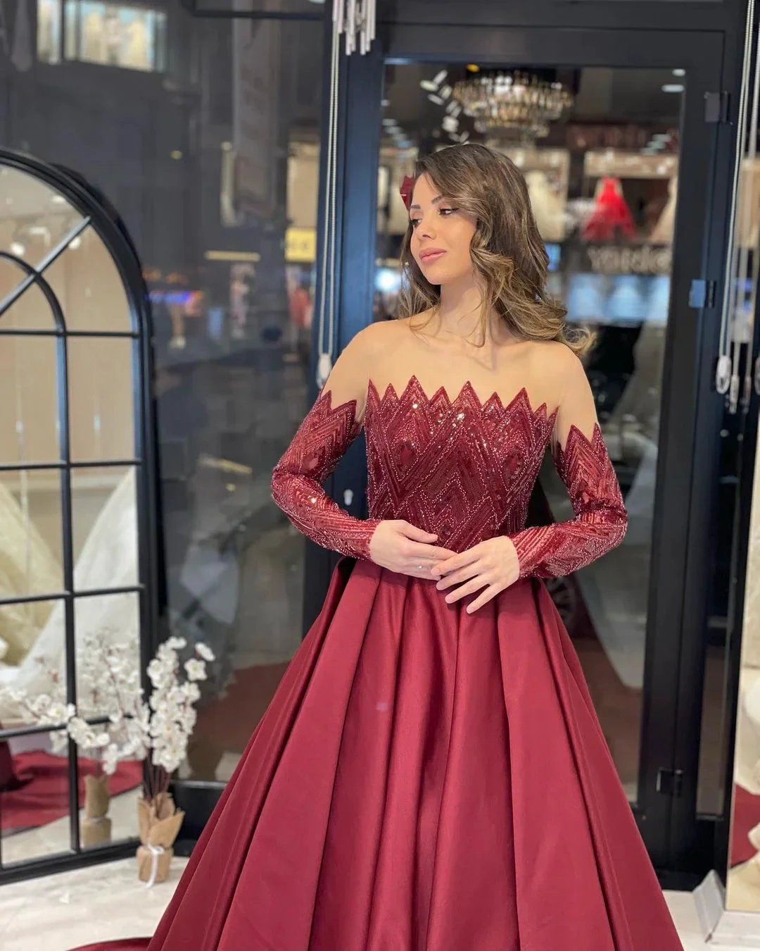 Charming Floor Length Strapless Long Sleeves A-Line Satin Wedding Dress with Ruffles (ZD14801)