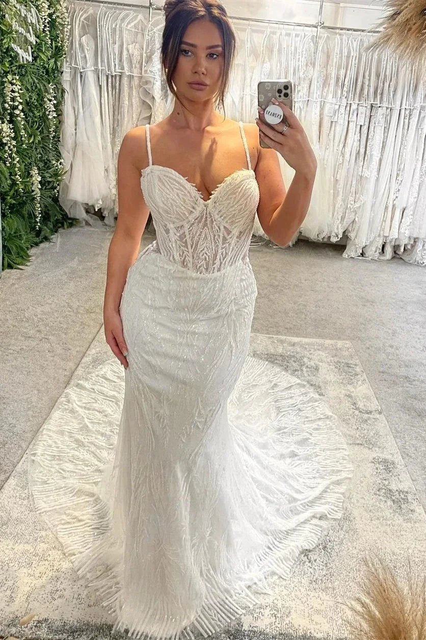 Charming Floor Length Sweetheart Sleeveless Spaghetti Straps Mermaid Wedding Dress with Chapel Train (ZD15767)