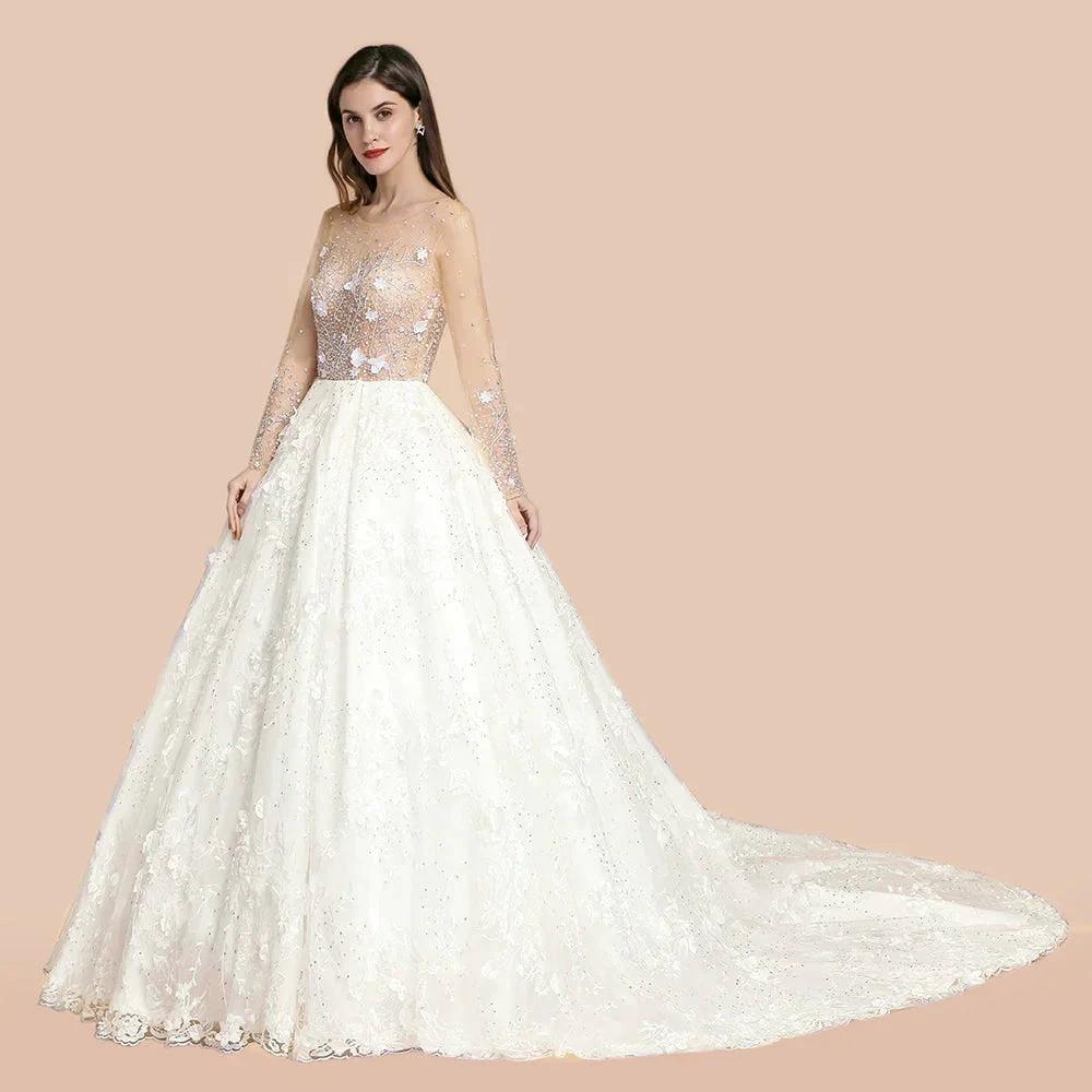 Charming Floral Lace Appliques Wedding Dress Gorgeous White Beads Bridal Gown (ZD13783)